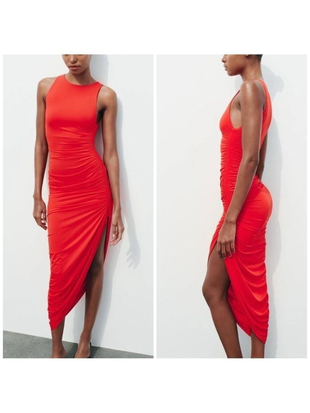 Zara Fitted Draped High Neck Sleeveless Buttery Soft Smooth Midi Dress
